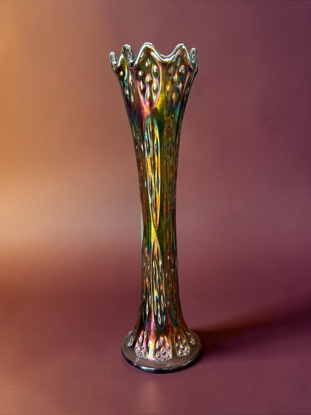 Antique Northwood Green Carnival Glass Tree Trunk Swung Vase 12.25" - Pristine